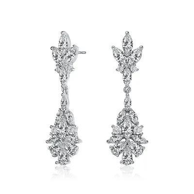 Sterling Silver With Rhodium Plated Clear Marquise With Pear And Round Cubic Zirconia Cluster Drop Earrings