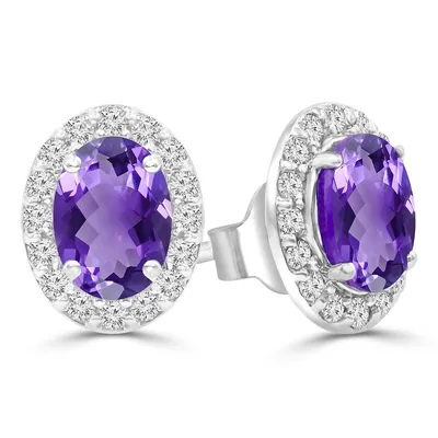 1.62 Ct Oval Purple Amethyst Halo Earrings 14k White Gold