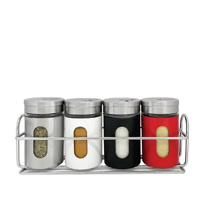 Set Of 4 Spice Jars With Storage Tray, Stainless Steel