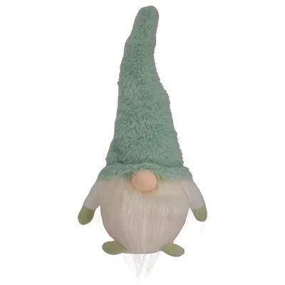 13.75" Lighted Plush Green Faux Fur Gnome Christmas Figure