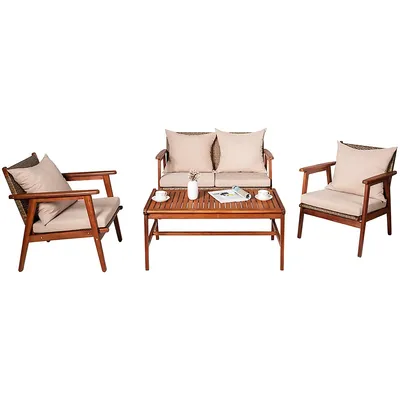 4pcs Patio Rattan Furniture Set Acacia Wood Frame Cushioned Sofa Chair Garden