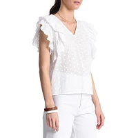 Ruffled-Sleeve Eyelet Embroidered Top