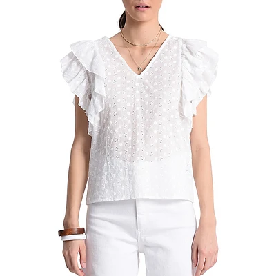 Ruffled-Sleeve Eyelet Embroidered Top