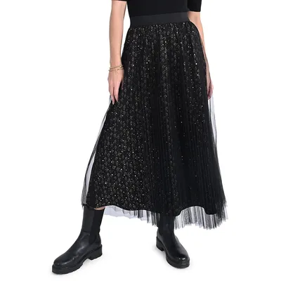 Sheer Overlay Metallic-Print Midi Skirt