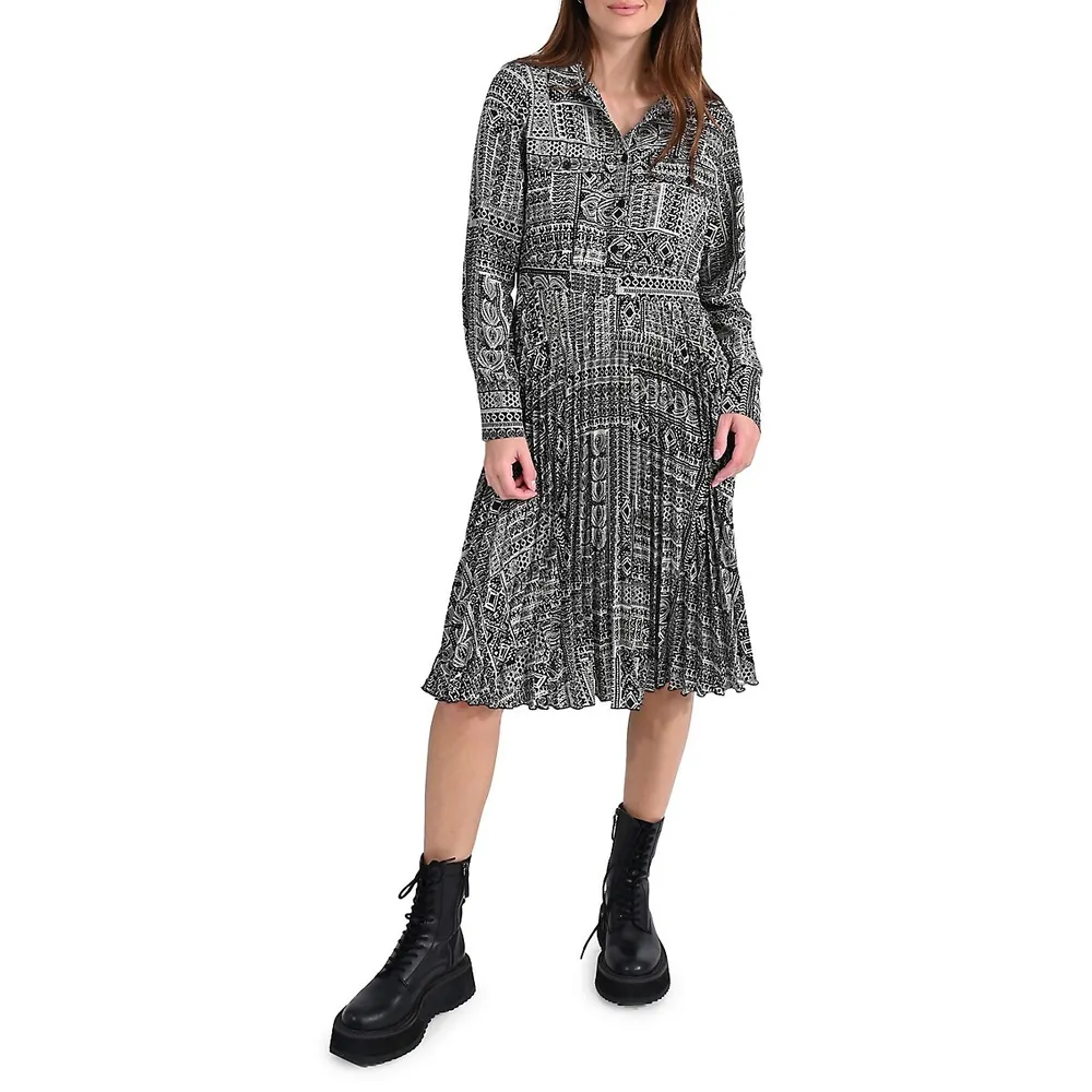 Pleated Print Shirtdress