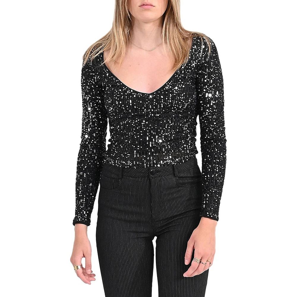 Lili Sidonio V-Neck Sequined Knit Top