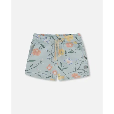 French Terry Short Baby Blue With Printed Romantic Flower