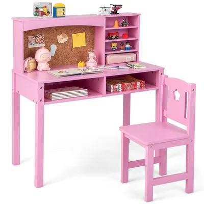 Kids Desk And Chair Set Study Writing Workstation With Hutch & Bulletin Board