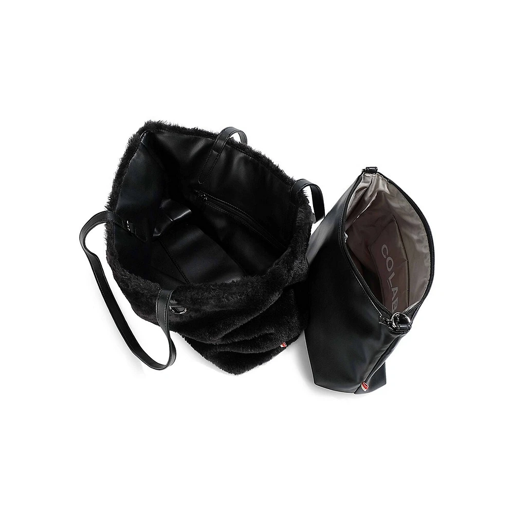 Fourre-tout réversible en similifourrure et en cuir végane Gem avec pochette