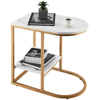 C-shaped Side Table 2-tier End Table With Storage Modern Compact Snack Table