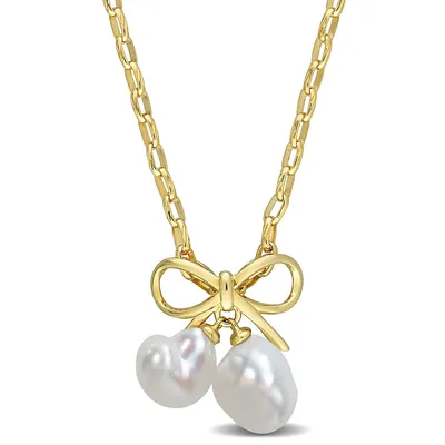 Freshwater Cultured Pearl Bow Pendant With Chain In Yellow Plated Sterling Silver