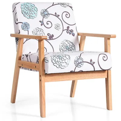 Modern Accent Armchair Fabric Lounge Chair W/rubber Wood Leg White&blue Floral