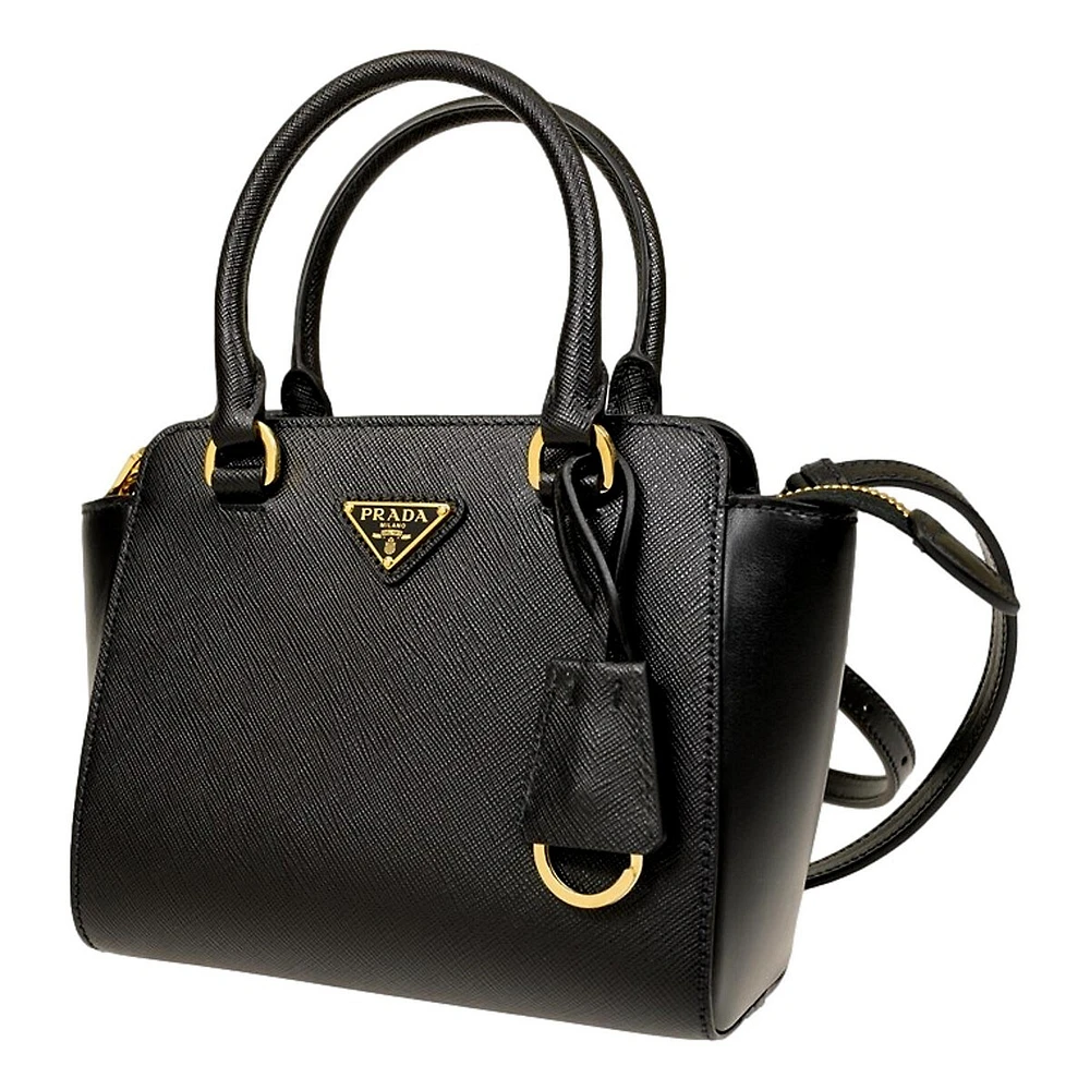 Triangle Logo Black Saffiano Lux Leather Crossbody Tote Bag