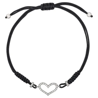 Sterling Silver Cz Pave Heart On Nylon Cord Bracelet