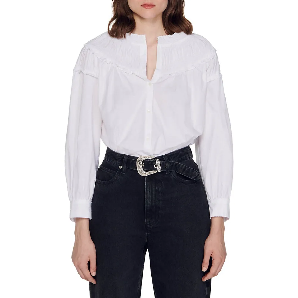 Sandro Papilles Poplin Smocked-Collar Blouse