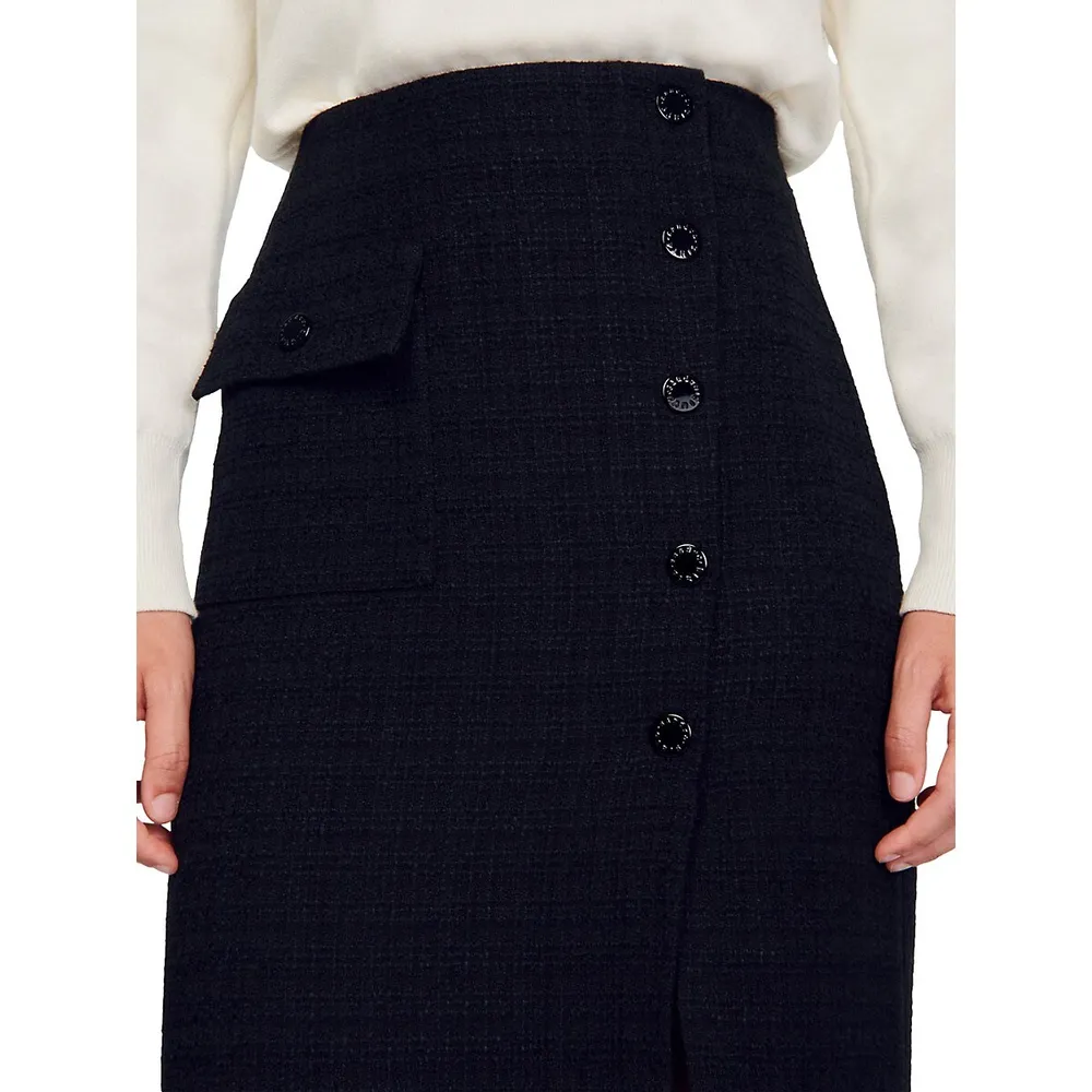 Tzara Button-Front Tweed Midi Skirt