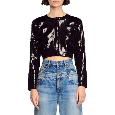Riba Sequined Knit Cropped Cardigan