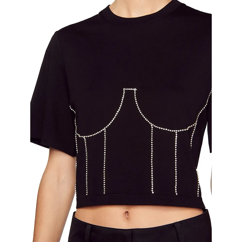 Sandro Strassy Rhinestone Corset-Style T-Shirt