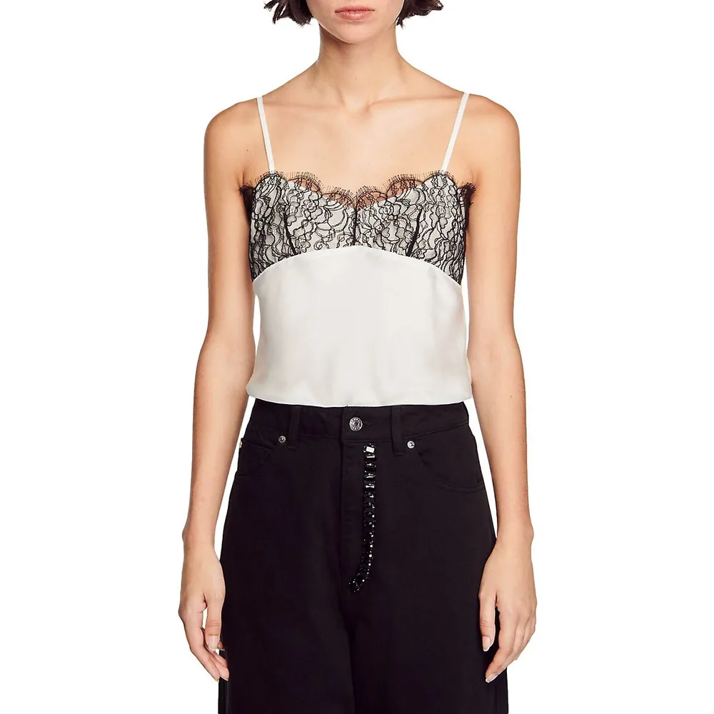 Sandro Dantin Lace-Overlay Silk Camisole Top