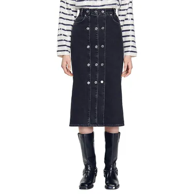 Sara Button-Front Denim Midi Skirt