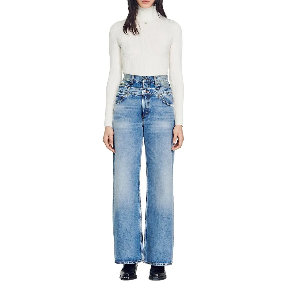 Womens SANDRO blue Double Waistband Boyfriend Jeans