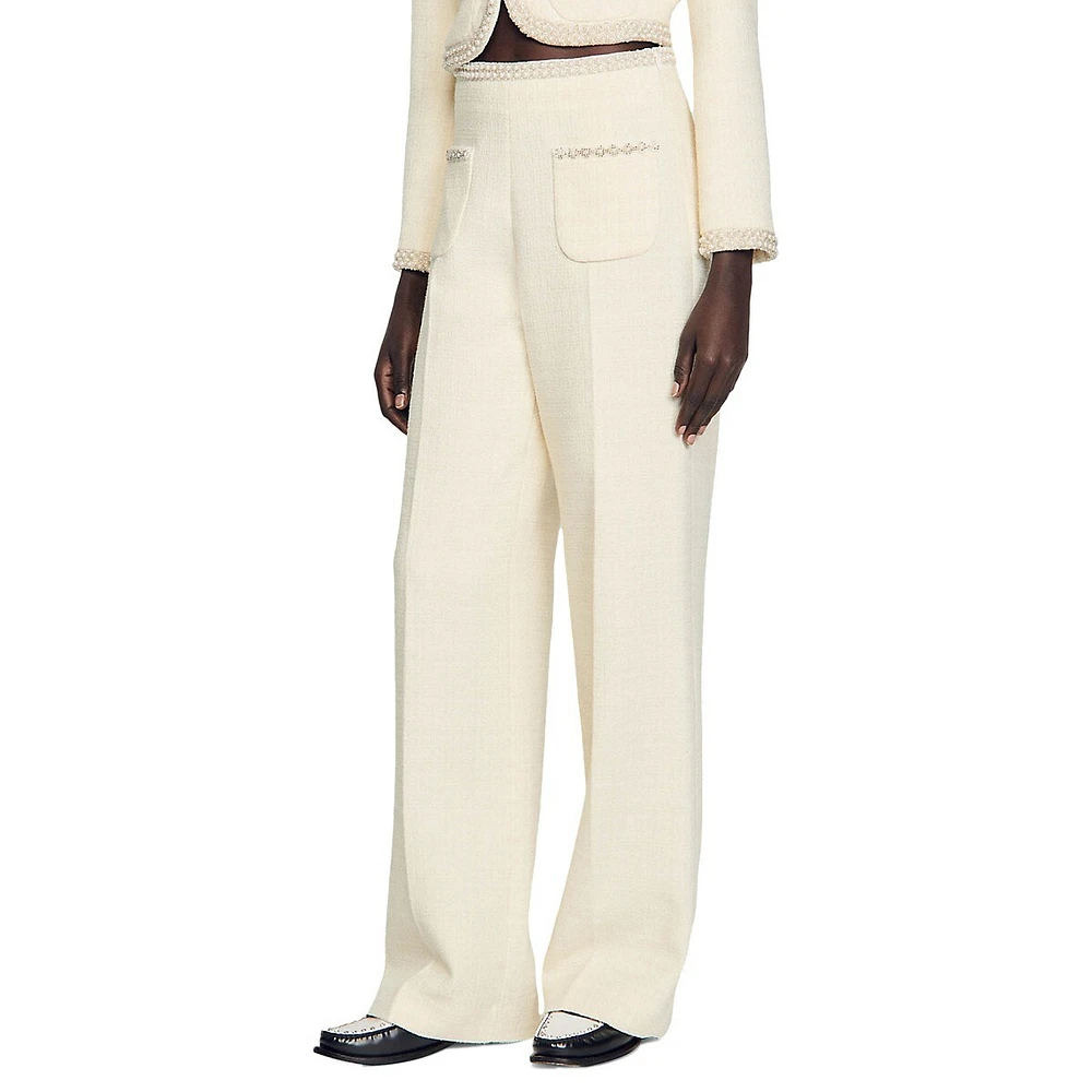 Vaye Bead-Embellished High-Waist Tweed Pants