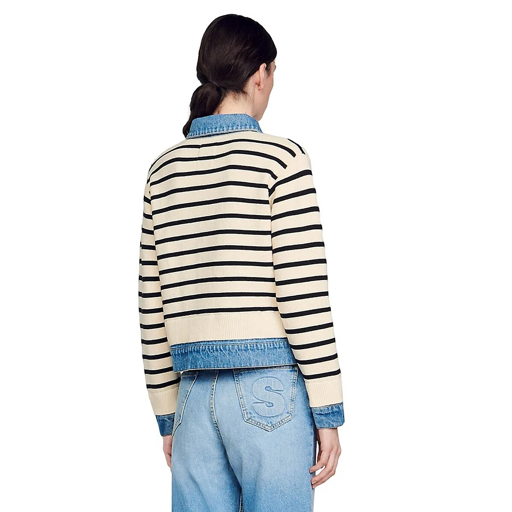 Ylva Denim-Trim Striped Cardigan