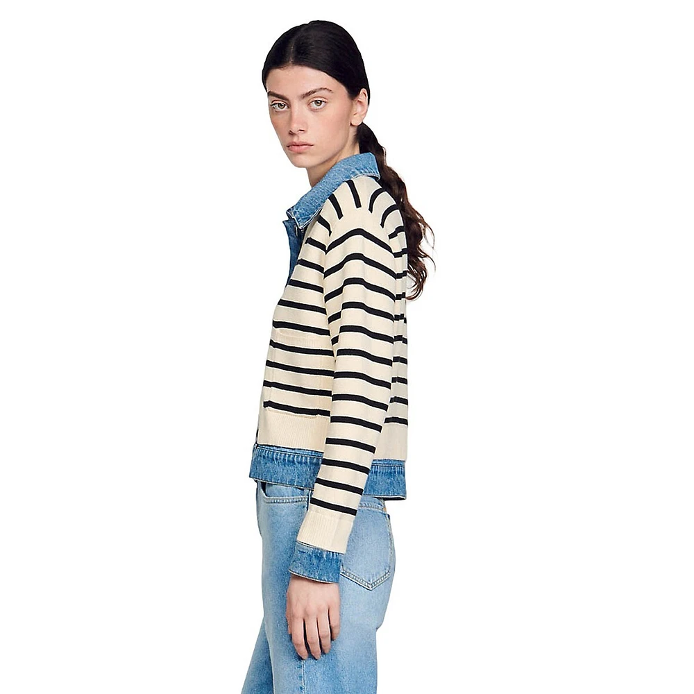 Ylva Denim-Trim Striped Cardigan