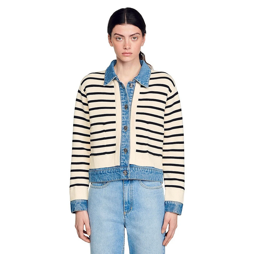 Ylva Denim-Trim Striped Cardigan