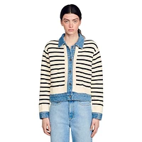 Ylva Denim-Trim Striped Cardigan