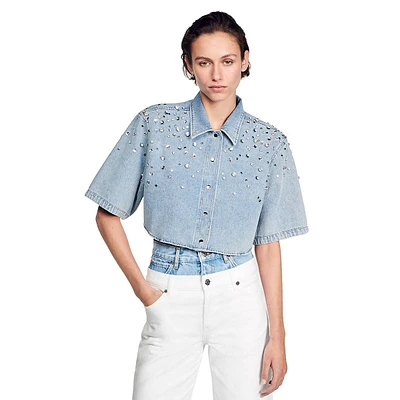 Tyss Embellished Denim Cropped Shirt