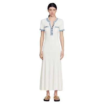 Alecia Denim-Trim Ribbed Maxi Dress