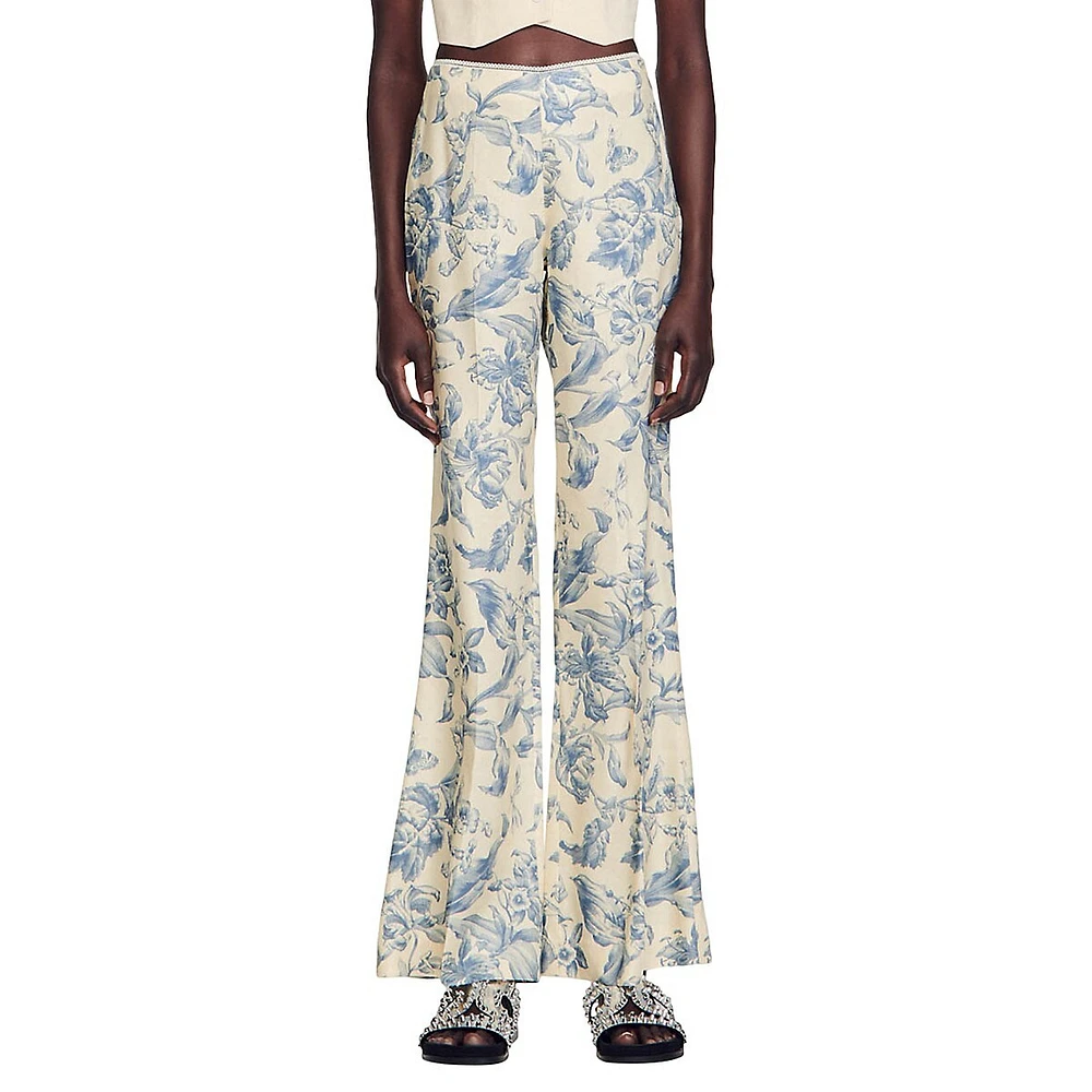 Joseph Printed Viscose-Linen Flare Pants