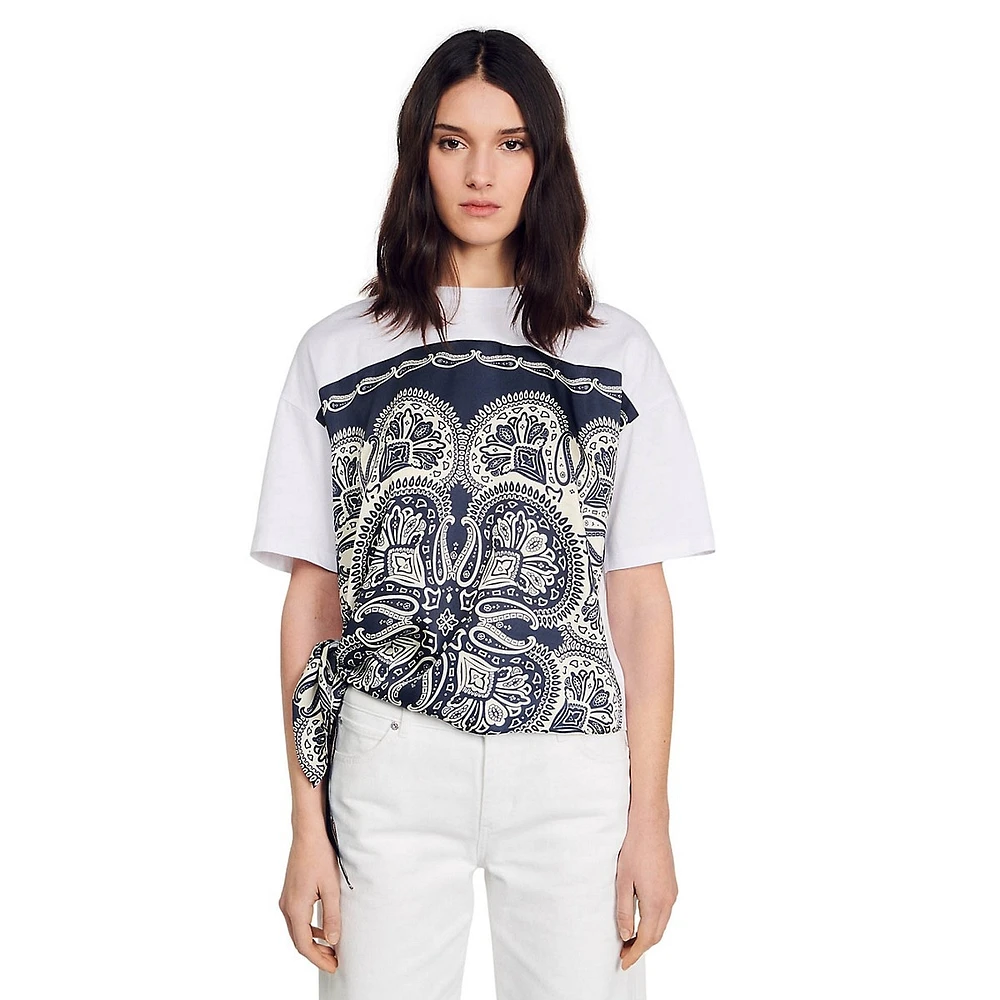 Daye Scarf Print-Panel Tie-Waist T-Shirt