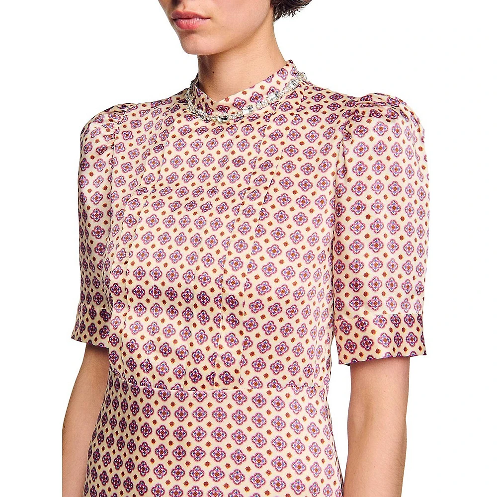 Jayani Embellished-Neck Print Dress