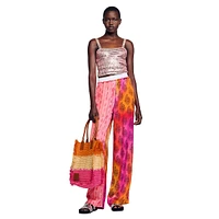 Dual Mixed-Print Flowing Wide-Leg Pants