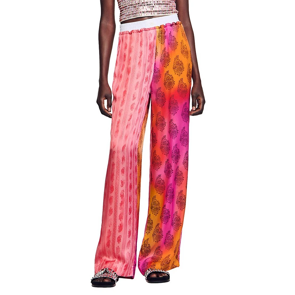 Dual Mixed-Print Flowing Wide-Leg Pants