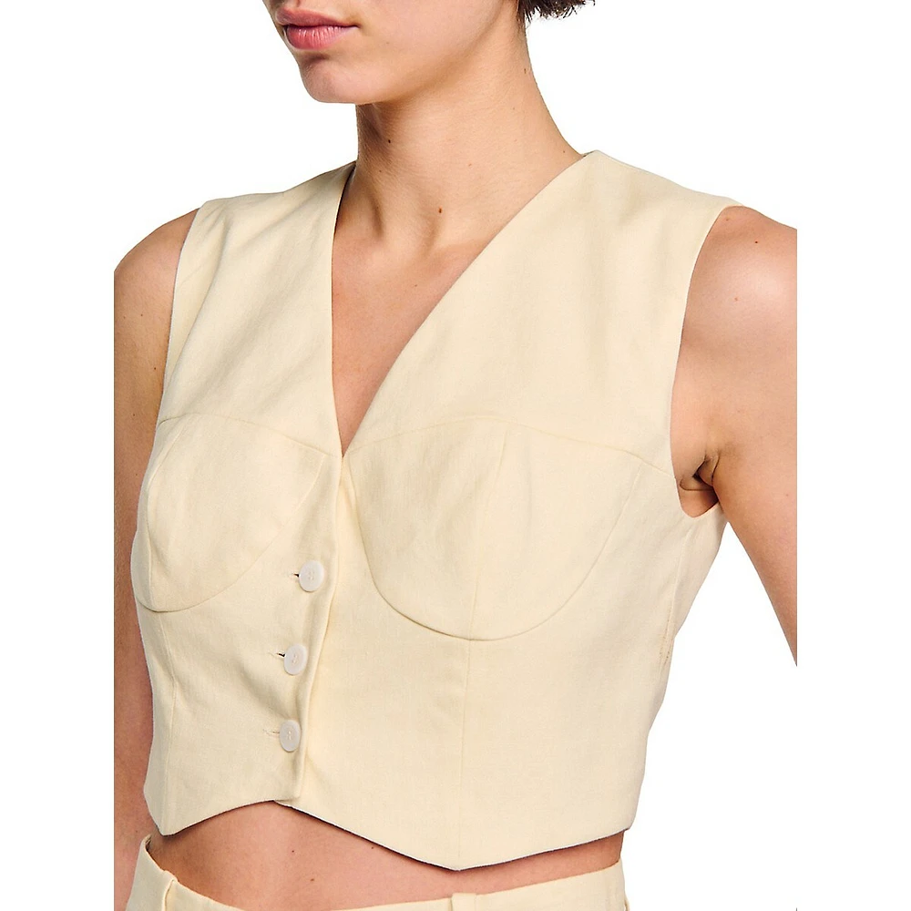 Cangie Linen-Blend Corset-Style Cropped Vest