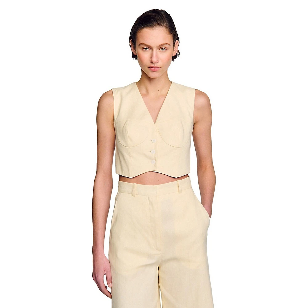 Cangie Linen-Blend Corset-Style Cropped Vest