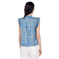 Gregoire Floral Silk Flutter-Sleeve Tie-Neck Top