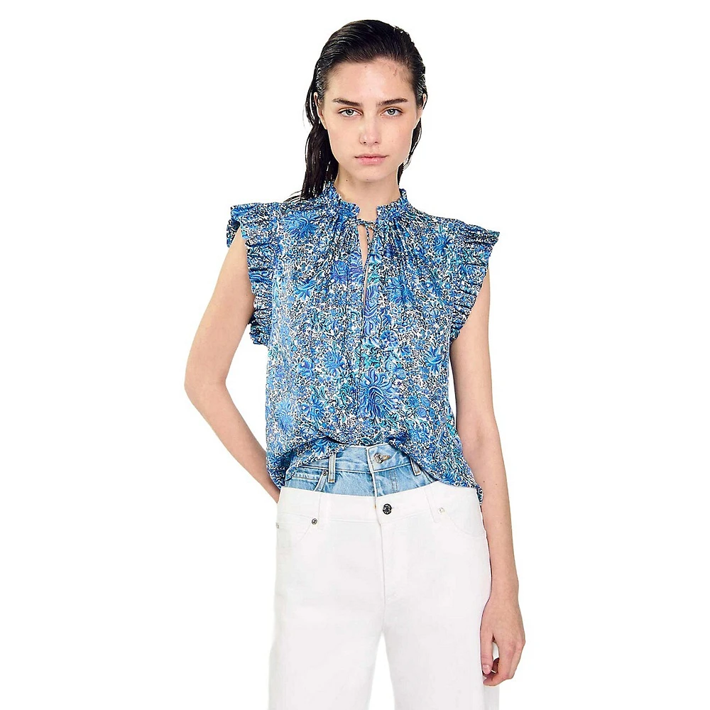 Gregoire Floral Silk Flutter-Sleeve Tie-Neck Top