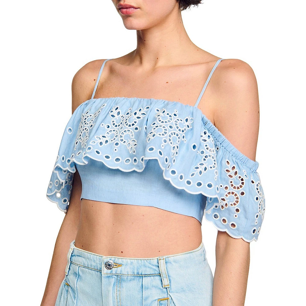 Alon Embroidered Foldover Crop Top