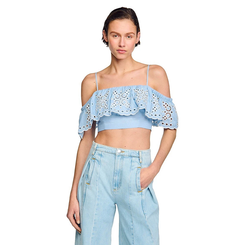 Alon Embroidered Foldover Crop Top