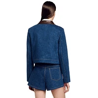 Sierra Leather-Trim Cropped Denim Blazer