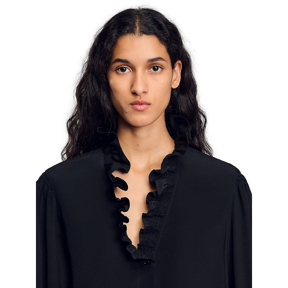 Lisandro Ruffle-Neck Silk Shirt