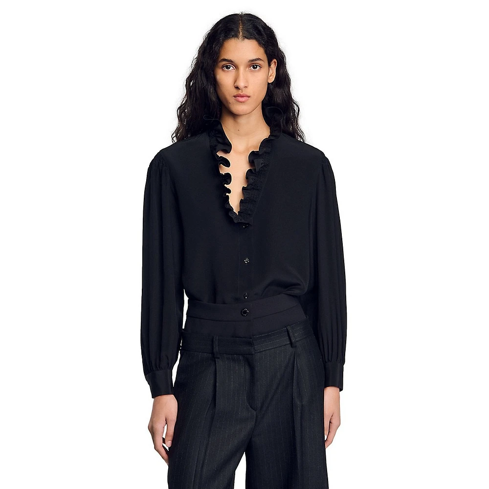 Lisandro Ruffle-Neck Silk Shirt