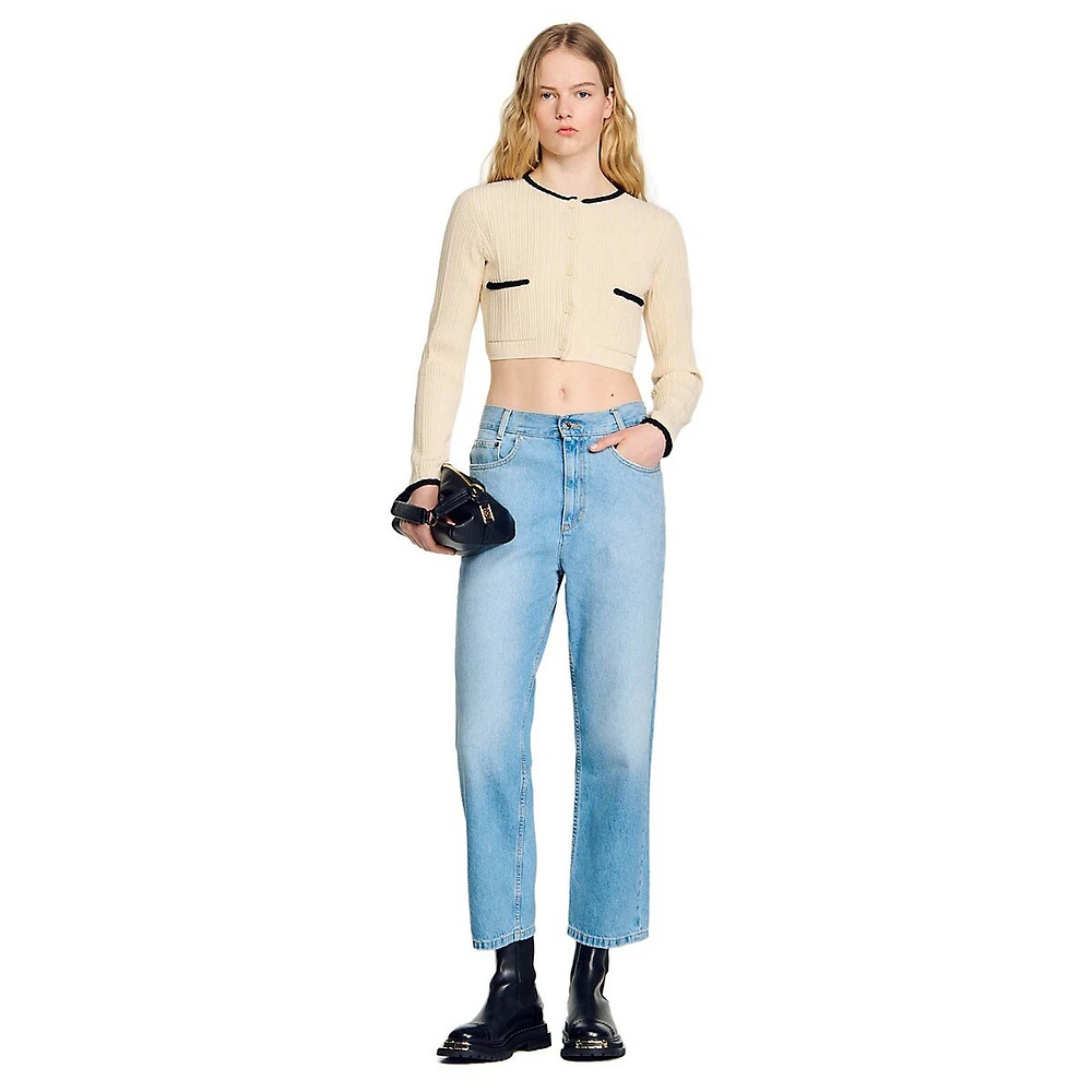 Bobo Contrast-Trim Ribbed Cropped Cardigan