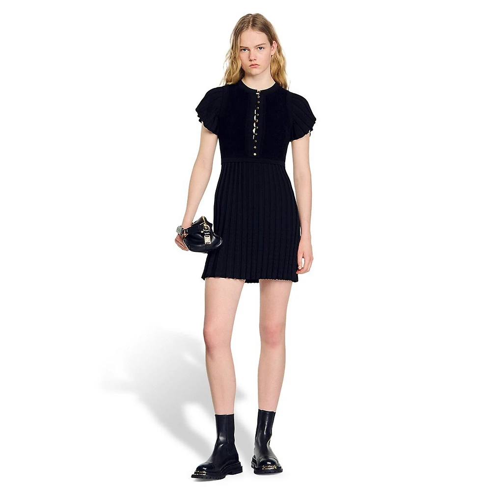 Claudine Short-Sleeve Pleated Knit Mini Dress