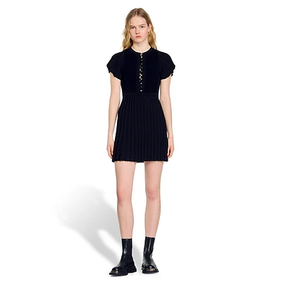 Claudine Short-Sleeve Pleated Knit Mini Dress