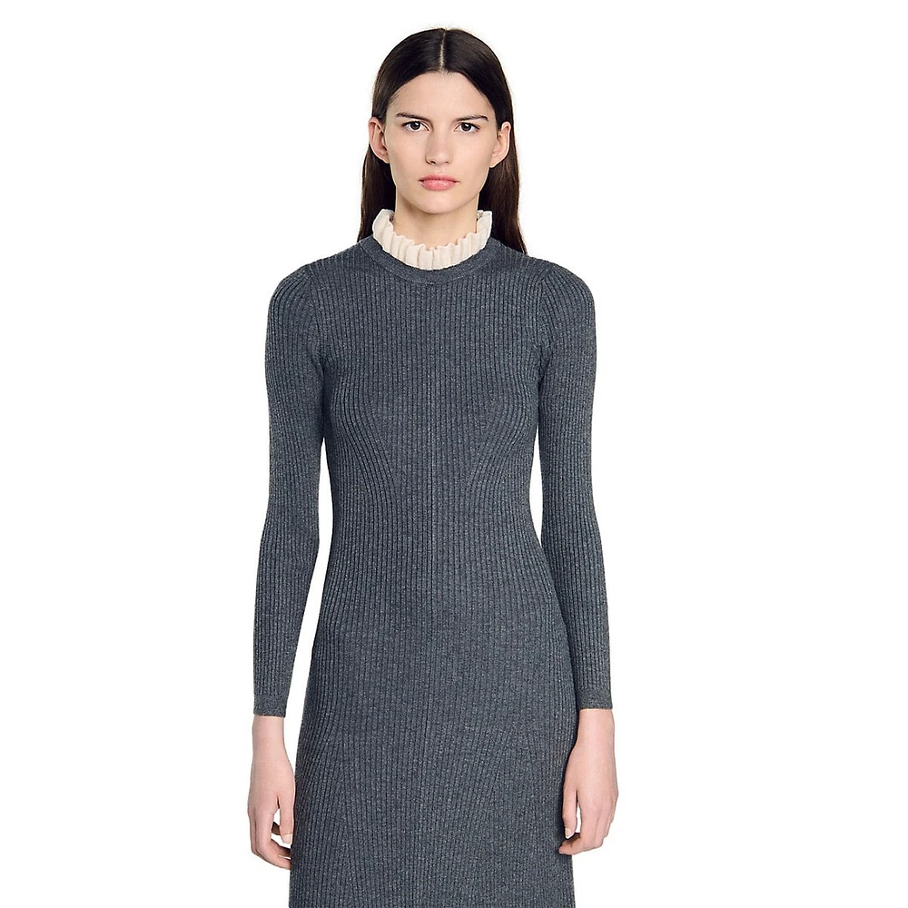 Elorine Ruffled-Collar Rib-Knit Mixi Dress